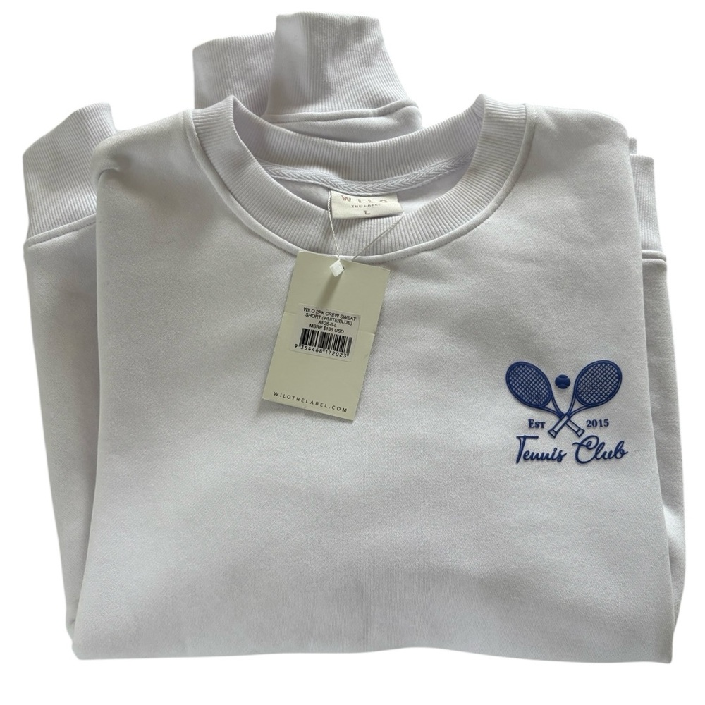 NWT WILO The Label 2 Piece Crew Sweatshirt & Shorts Tennis Club White & Blue Lg - Picture 8 of 15